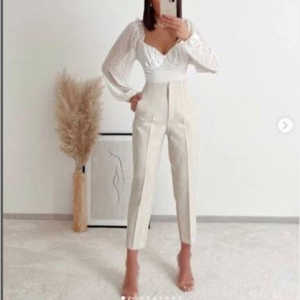 Zara Off-White High-Waist Tailored Trousers